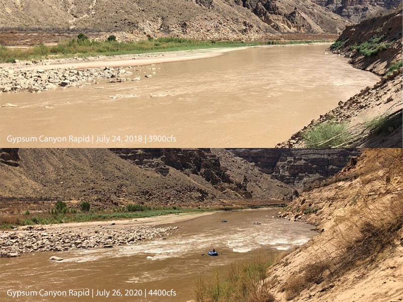 Two photos showing Gypsum Canyon Rapid developing between 2018 and 2020 | Courtesy of Returning Rapids Project