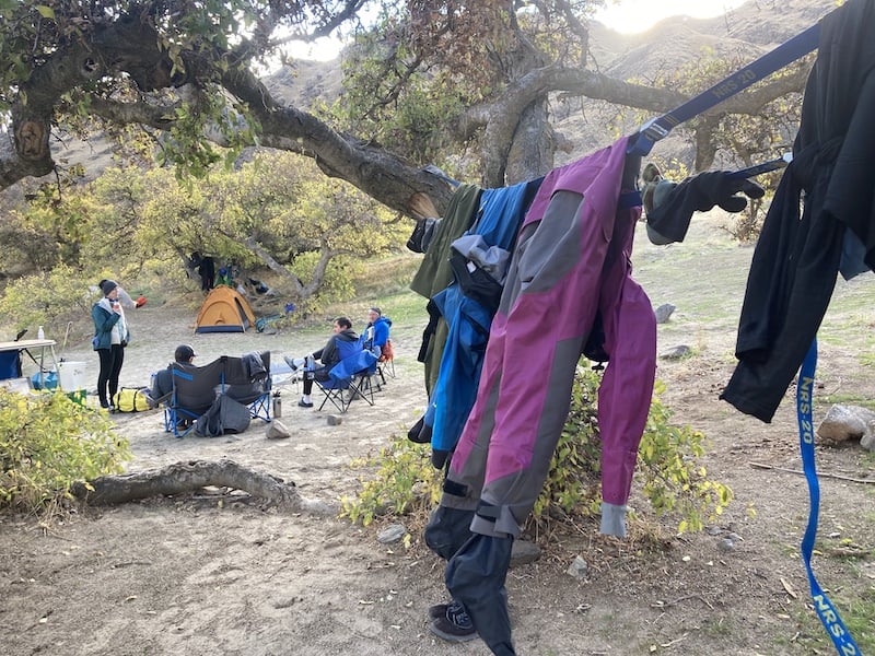 Hanging up drysuits along the Snake River in Hells Canyon