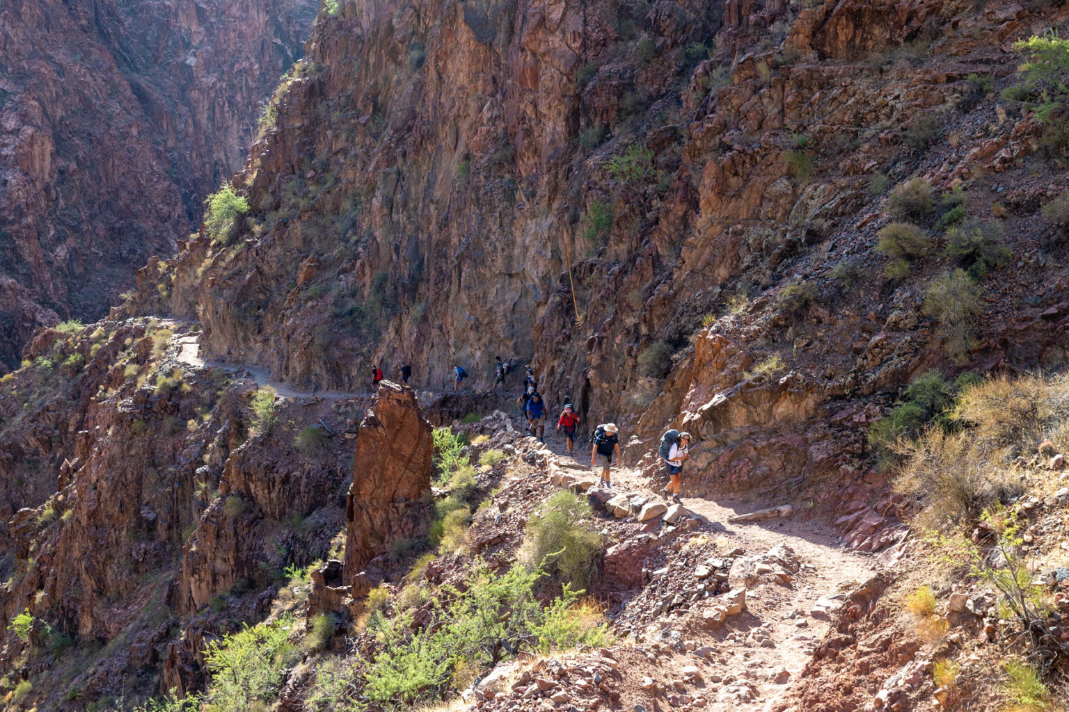 A group of hikers with large backpacks ascend the Bright Angel Trail in Grand Canyon