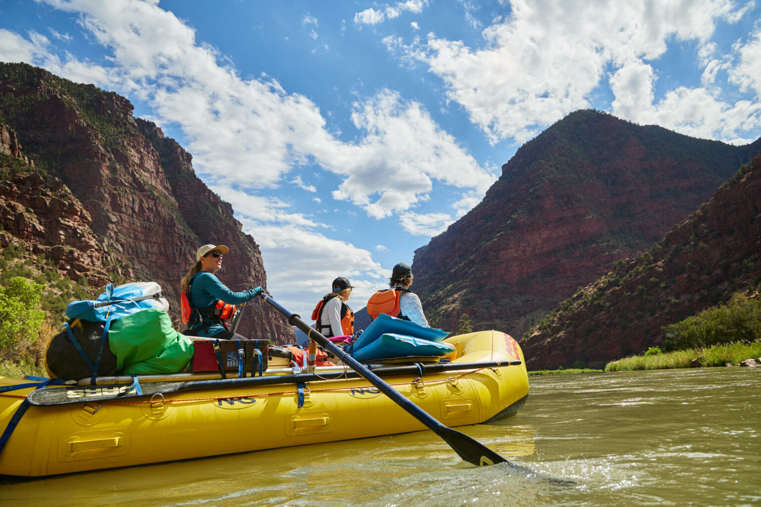 Group rafting on a river near Dinosaur National Monument.
