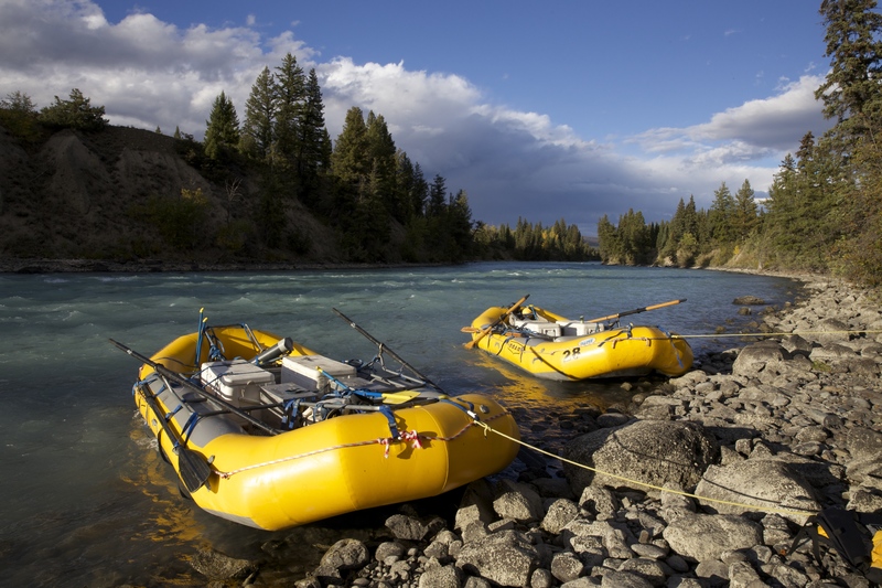 Rafts wait by the Chilko River in British Columbia, Canada