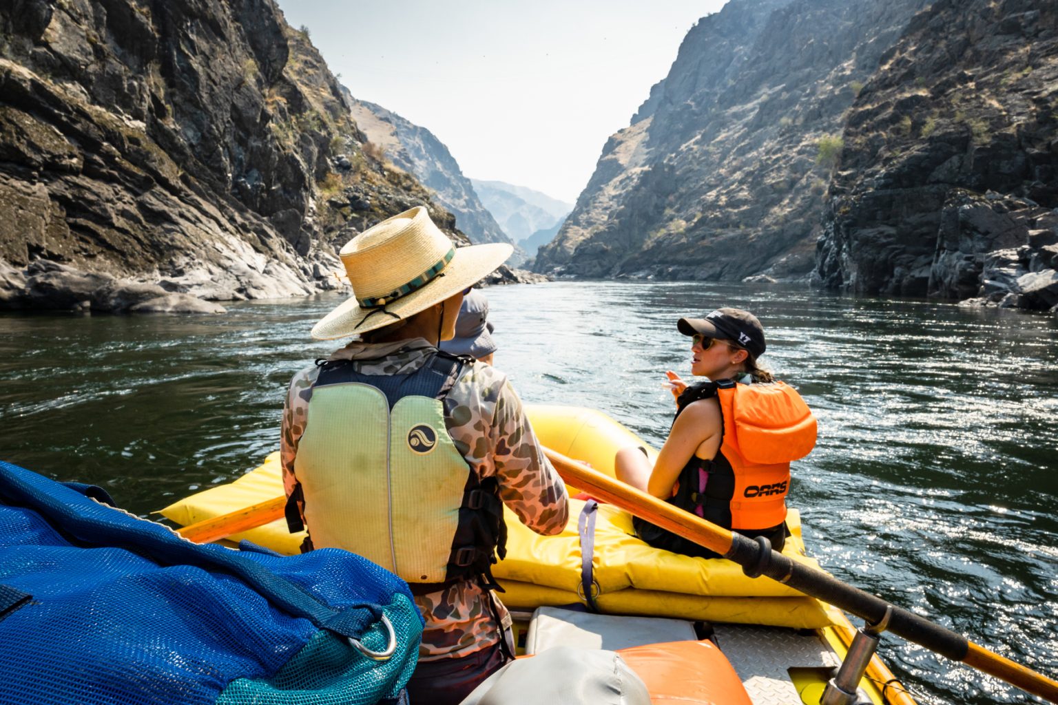 A guide at the helm of the oars on Idaho's Lower Salmon River