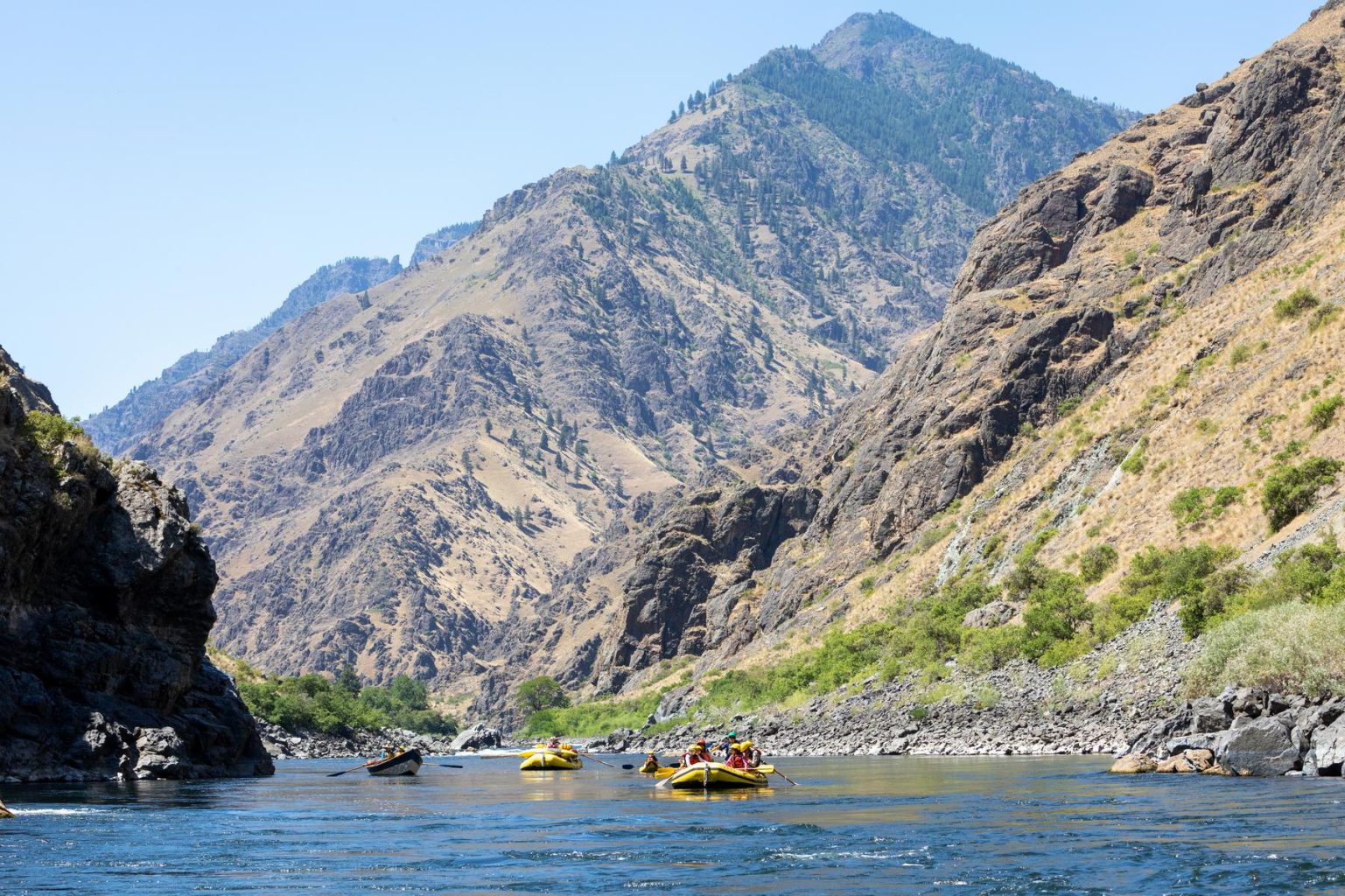 A flotilla of rafts, dories and inflatable kayaks on Idaho's Snake River